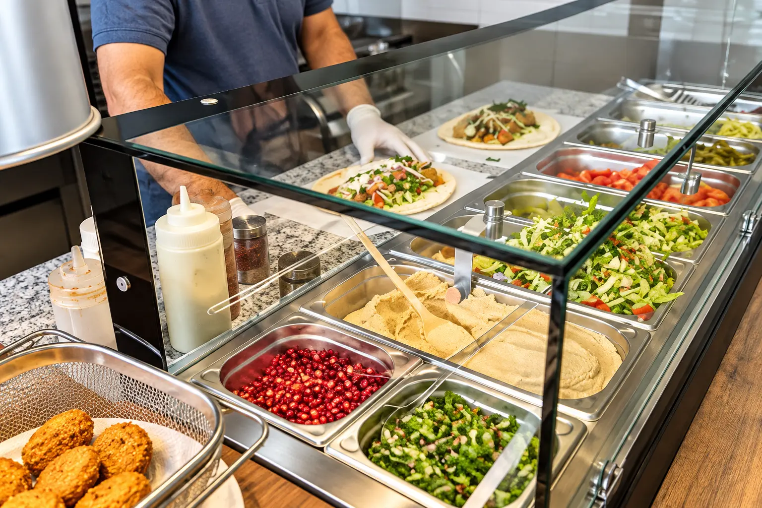 Falafel und frische Zutaten an der Theke