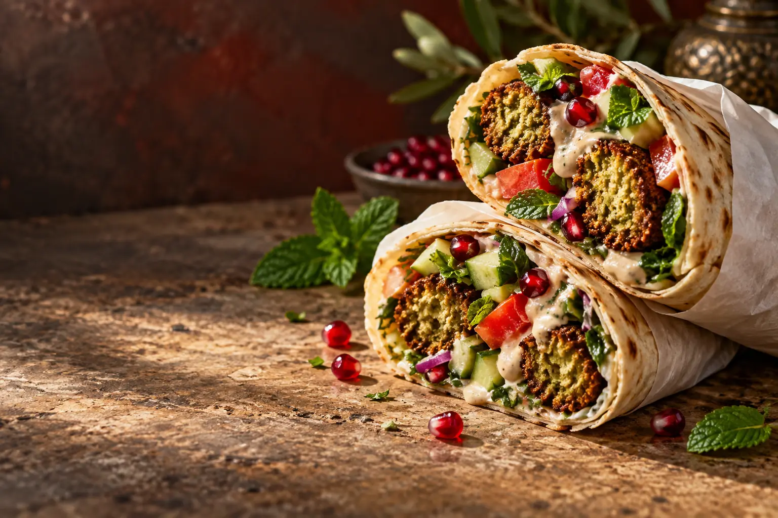 Zwei Falafel-Wraps mit frischem Gemüse und Granatapfel